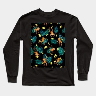 Tropical Monkey Banana Bonanza on Black Long Sleeve T-Shirt